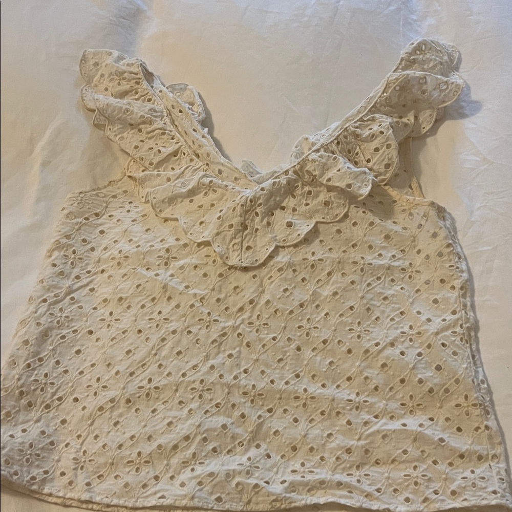 Sezane White Eyelet Ruffle Strap Tank Top